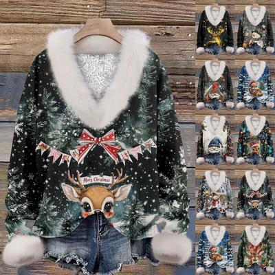 Женская мода повседневный рождественский принт с длинным рукавом и V-образным вырезом пуловер для волос