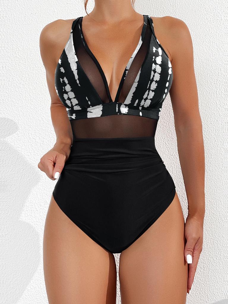 Sexy Black One Piece Swimsuit 2025 Women Mesh Patchwork Transparent Tummy Control Swimwear Bathing Suit See Through Monokini