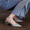 2024 Spring and Summer New Niche Sexy Crystal Thick Heel Sandals Female Rivet Pearl Pointed Back Buckle High Heels Fairy