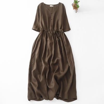 Реальное фото летнее новое хлопково-льняное литературное платье с V-образным вырезом в стиле ретро свободное по талии со средним рукавом А-силуэта длинное платье женское