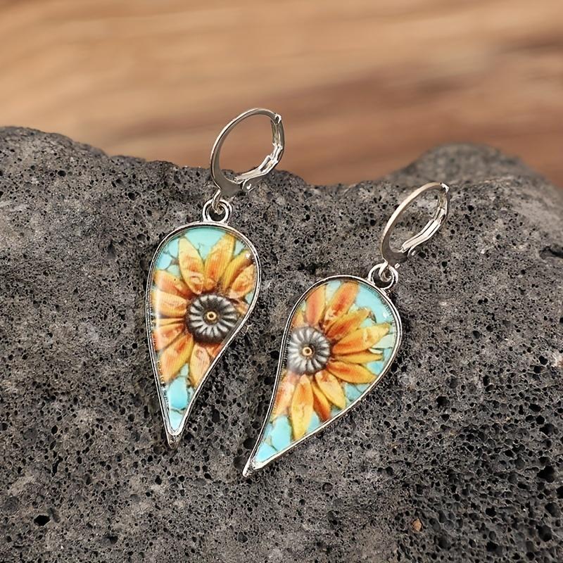 Винтажные висячие серьги неправильной формы в виде капель с узором подсолнуха, ретро стиль отпуска, ювелирные изделия из сплава, нежный женский подарок
