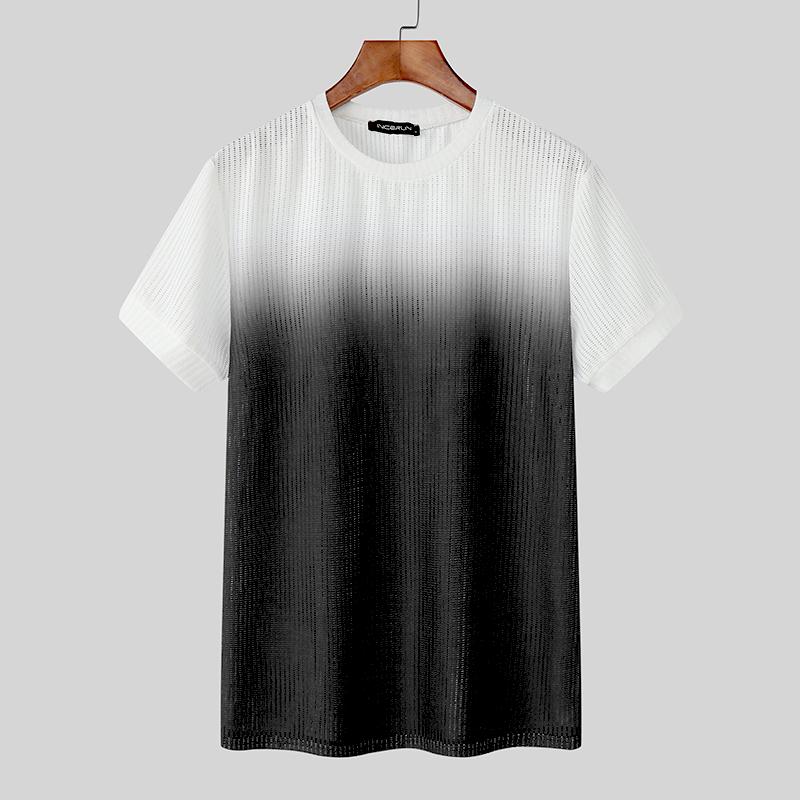 INCERUN Мужские футболки с коротким рукавом, градиентные, с вырезами, повседневные, свободные