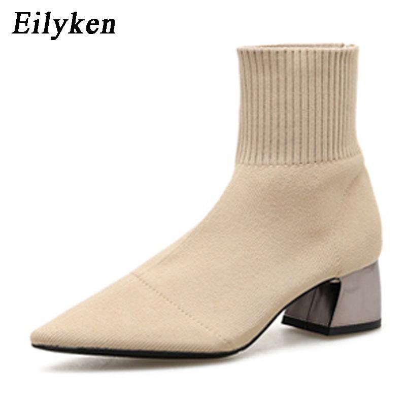 Eilyken Модные вязаные женские ботильоны из эластичной ткани, зимние женские ботильоны на высоком квадратном каблуке с острым носком