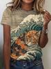Женская футболка Волны и кошки 3D-печать Короткий рукав Мода Повседневная Уличная Круглый вырез Оверсайз Летняя женская одежда