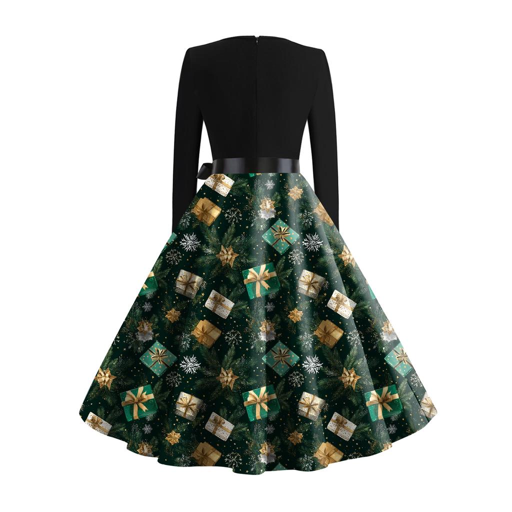Women's Fashion Round Casual Slim Fit Christmas Print Large Swing Long Sleeve Dress