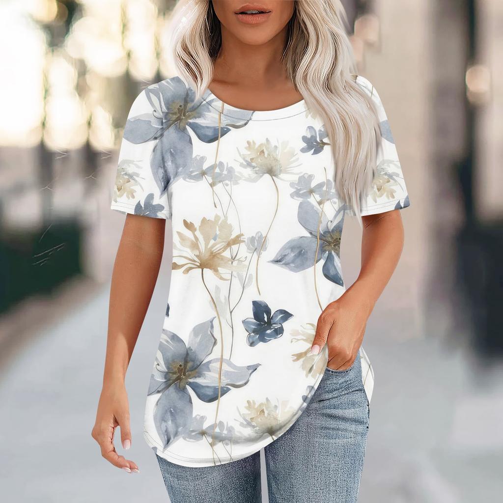 T Shirts For Women Pleated Round Neck Dressy Casual Blouses Printing Short Sleeve Summer Tops Loose Fit