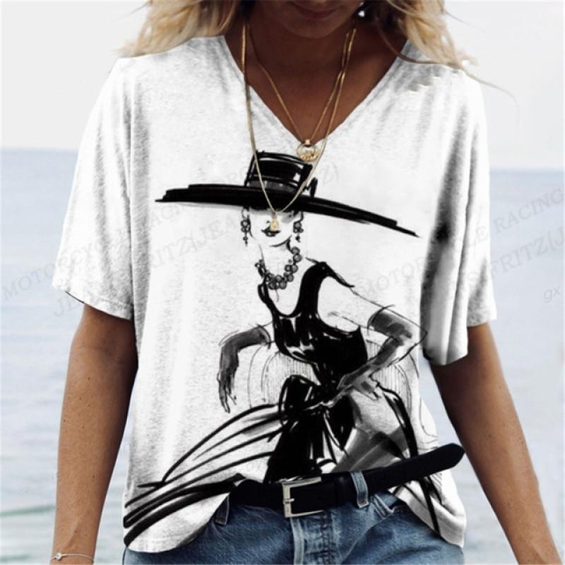 Harajuka абстрактные крутые футболки с принтом в стиле ретро, ​​женские универсальный пуловер с коротким рукавом, летние дизайнерские повседневные женские футболки с v-образным вырезом