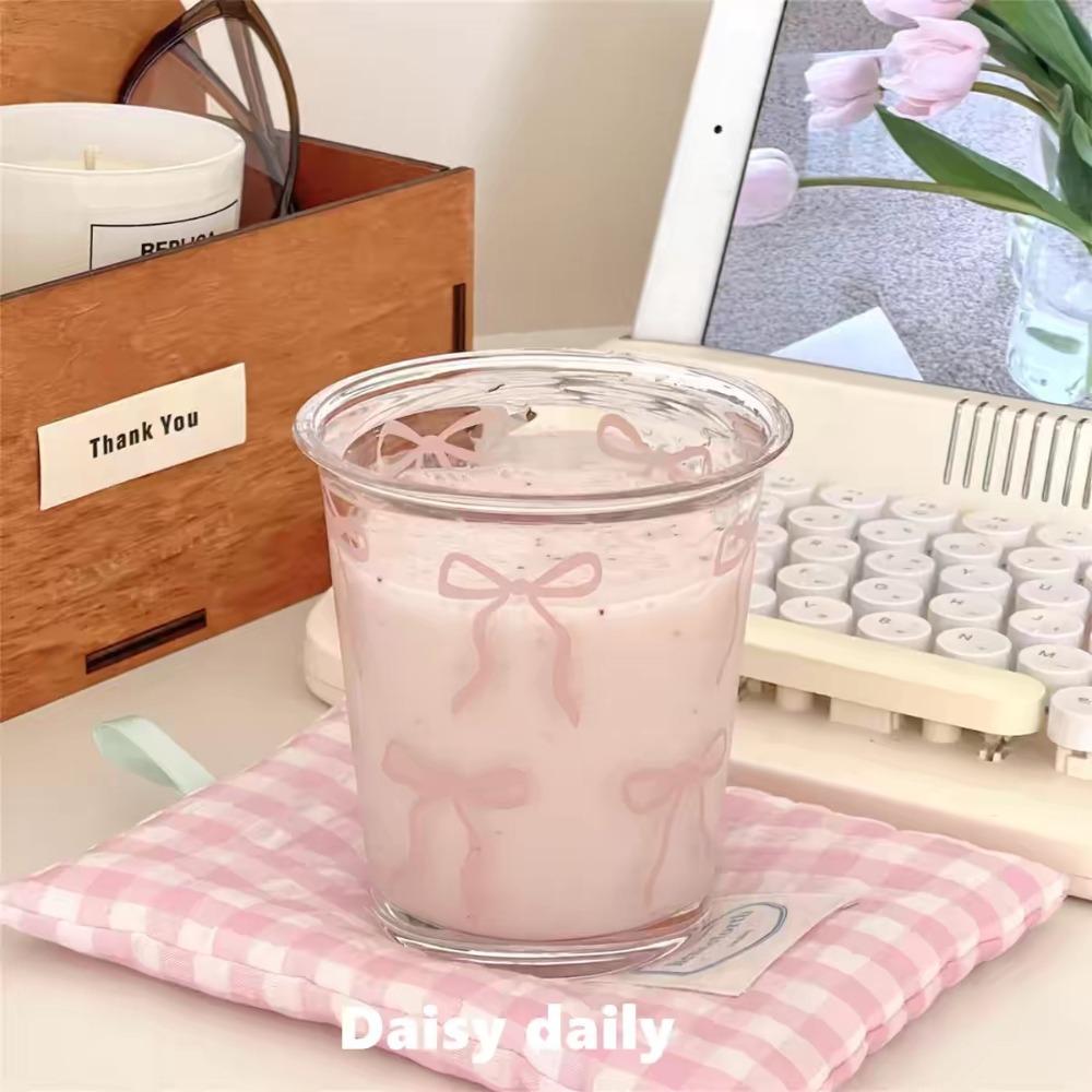 Drinkware Glass Cup Pink Bow Transparent Mug New Drinking Cup  Dessert