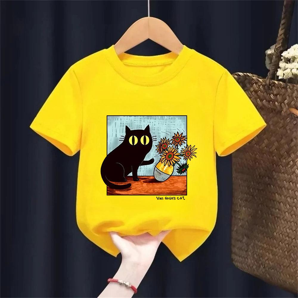 Van Gogh Cat Graphic T Shirts Boysgirls Flower Black Cat Tshirt Round Neck Short Sleeve Trendy Tee Kawaii Kids Clothing