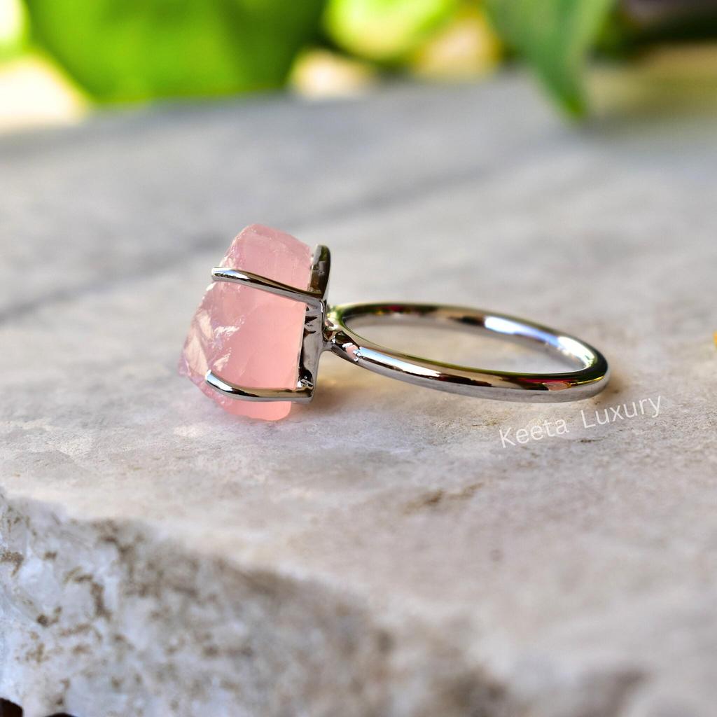 Raw Rose quartz ring, Handmade raw pink quartz ring, Boho Raw Crystal ring,  Raw crystals ring rose quartz jewelry , Unique gift for her
