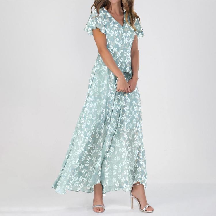 Maxi Dresses Casual for Women Summer Elegant Cute Flowing Wedding Guest Short Sleeve Chiffon Floral Dresses
