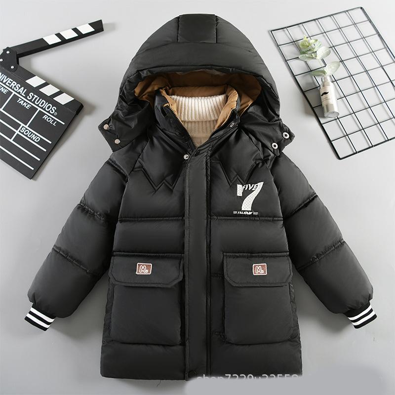 Winter Teen Boys Jacket Letter 7 Print Lined With Velvet Thick Warm Hooded Zipper Parka Coat For 6-14Y Kids Cotton Outwear