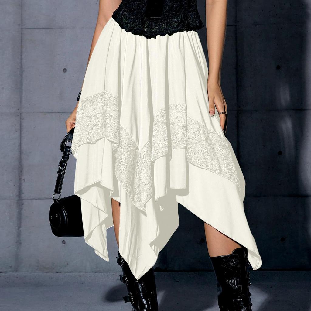 Women's Flowy Skirt Contrast Lace Layered Asymmetrical Midi Skirts