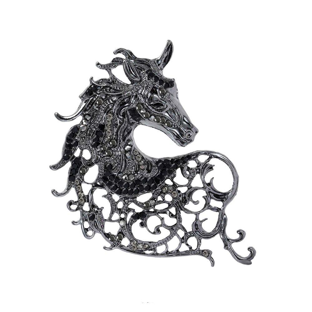 Vintage Rhinestone Horse Head Brooches Casual Metal Badge Pin Zodiac Animal Pins for Women