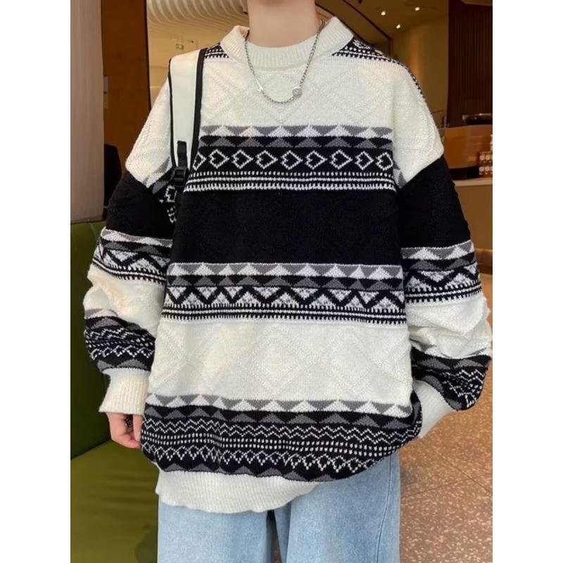 New Spring and Autumn Sweaters for Men, Korean Version, Retro Lazy Style, Loose Striped Casual Tops for Men, Trendy