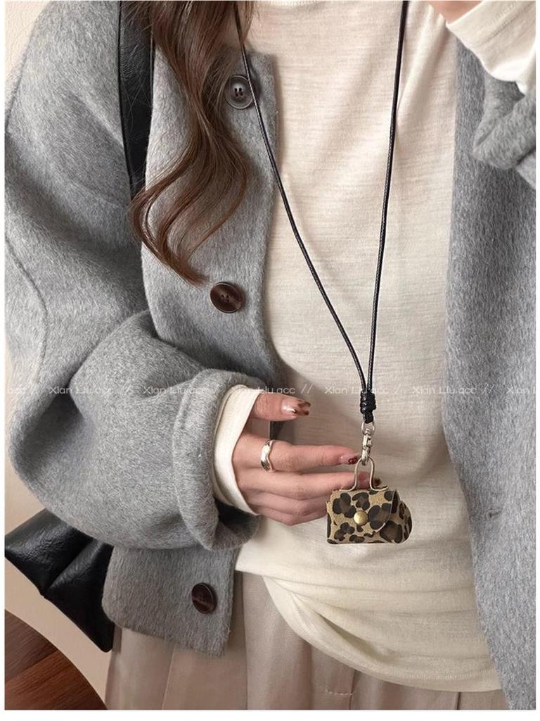 Кожаный кошелек для монет с леопардовым принтом, ожерелье и чехол для наушников, кулон на длинной цепочке для свитера, мешочек для хранения