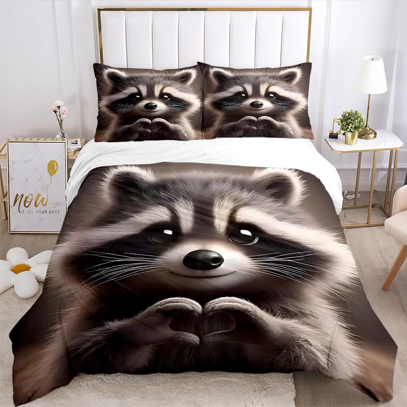 3pcs Raccoon with 1 Comforter and 2 Pillowcases (No Core) - Cute Animal for Bedroom, Festival Gift, Polyester Fabric, Anime Design, Suitable for Livin
