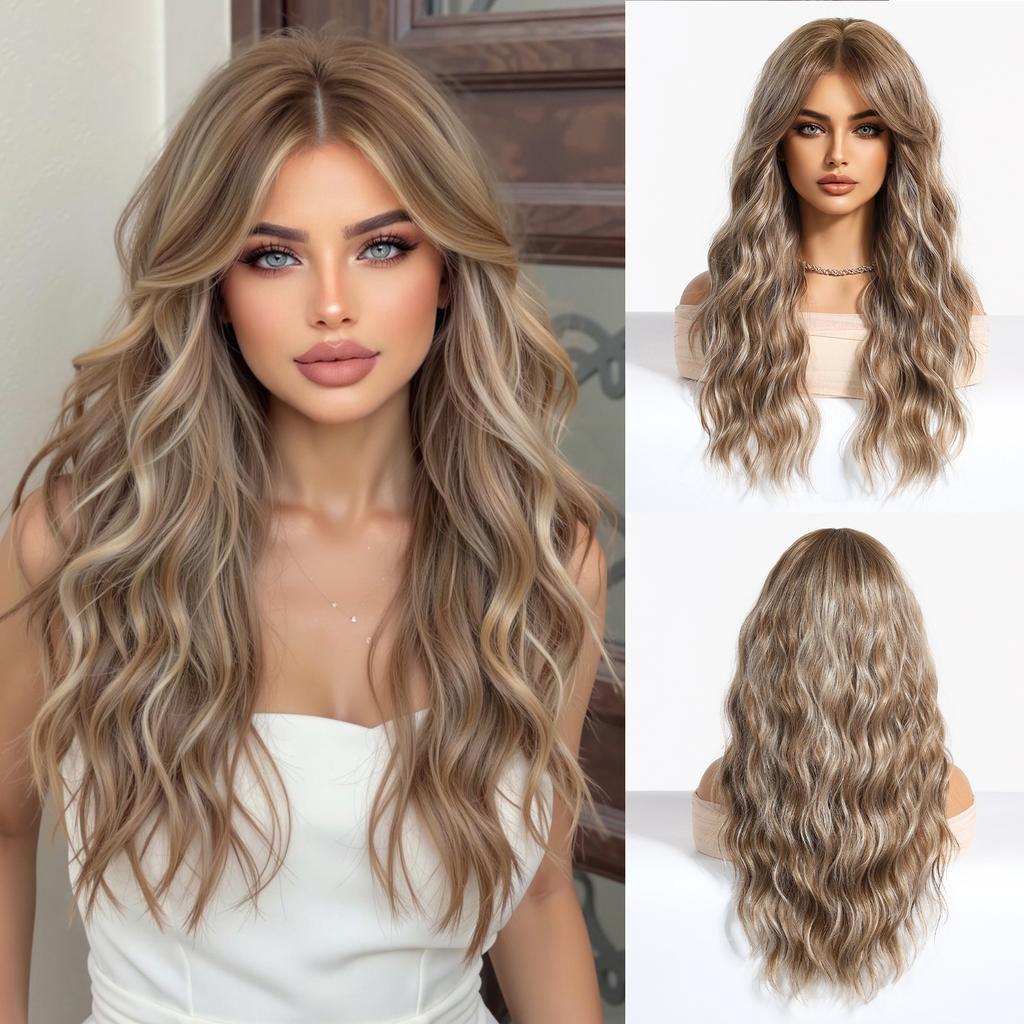 Platinum 613 Blonde Wig Long Wavy Synthetic Wig with Bangs Curly Mixed Golden for Women Cosplay Party Daily Use Heat Resistant