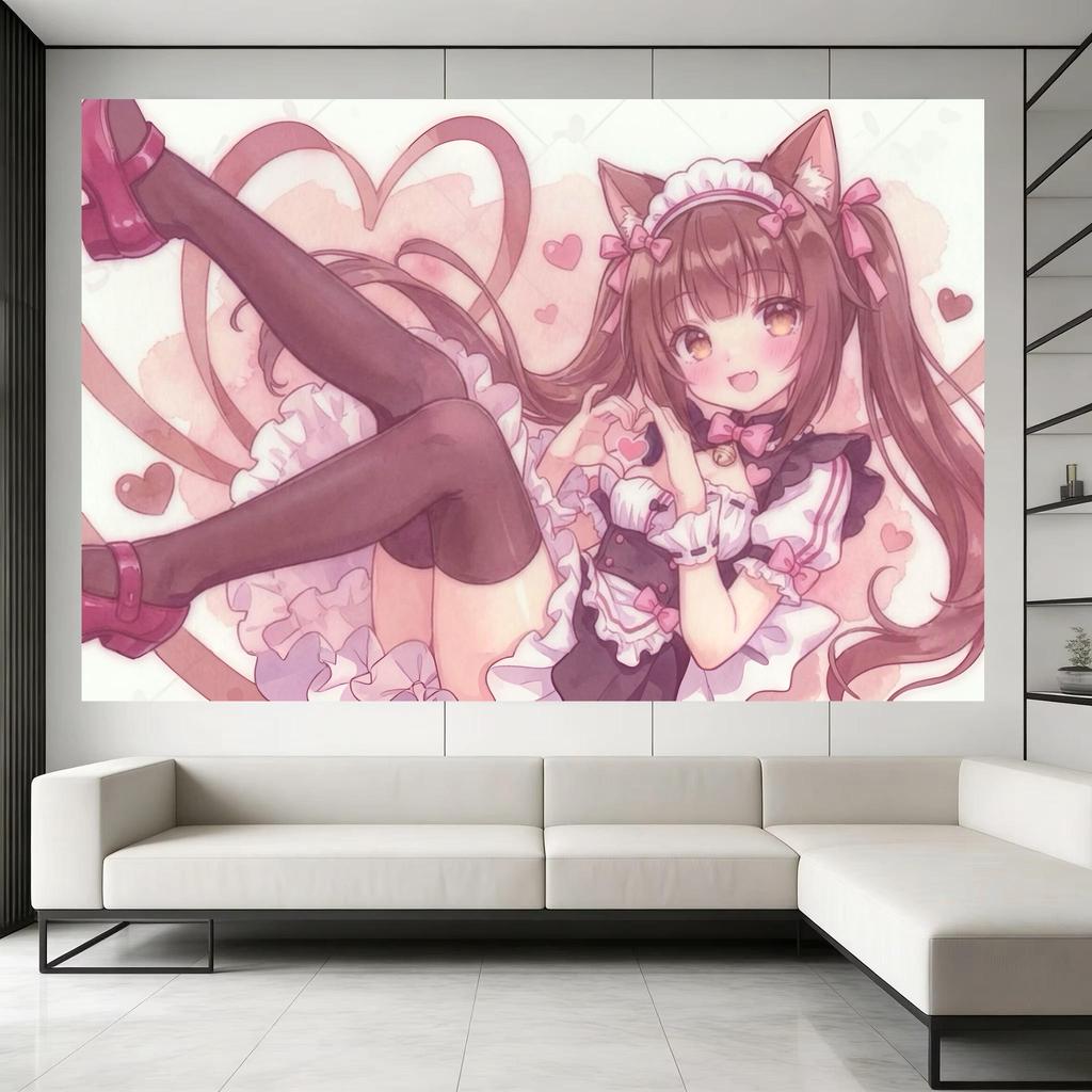 1 шт. Настенный гобелен N-Nekopara C-Chocola, горничная, жест «сердце», розовые банты, принт, декор для фанатов аниме Neko, спальни, общежития, дома