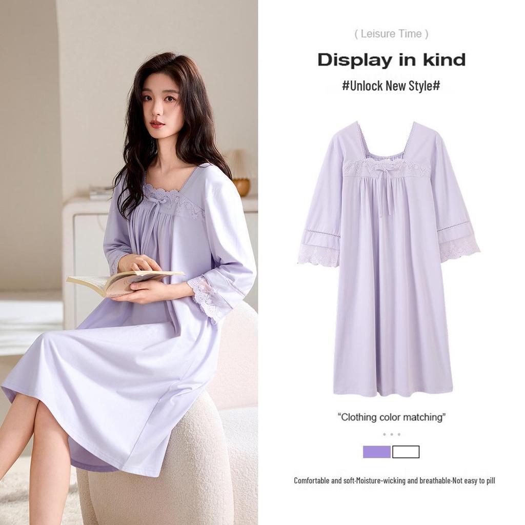 Женская легкая модальная хлопковая ночная сорочка средней длины, больших размеров, для весны и осени.