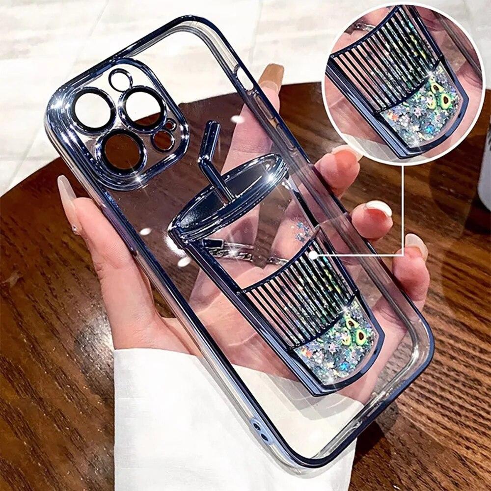 Electroplated Quicksand Liquid Phone Cases For iPhone 11 12 13 14 Pro Max Case Clear Milk Tea Cups Sequins Glitter Back Cover