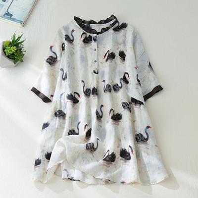 Японская ретро рубашка из хлопка и льна с принтом, темпераментный пуловер с кружевом и оборками для женщин