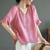2024 Retro V-Neck Embroidered Loose-Fit Cotton Linen Women's T-Shirt
