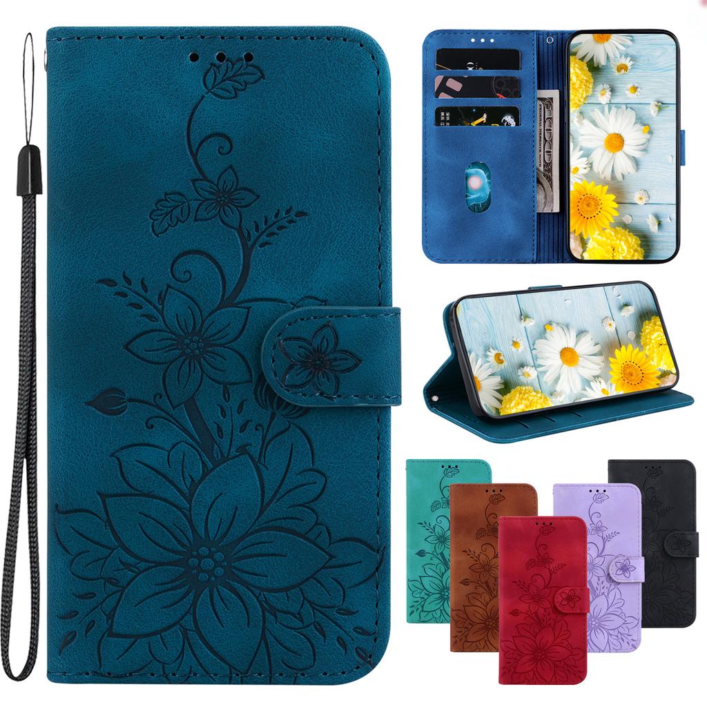Lily Fower Embossed Flip Leather Case For LG V40 ThinQ/Stylo5/Stylo6/Stylo7/LG Velvet Kickstand Wallet Card Slots Cover for LG K42/K61/K40S/K50/Q60