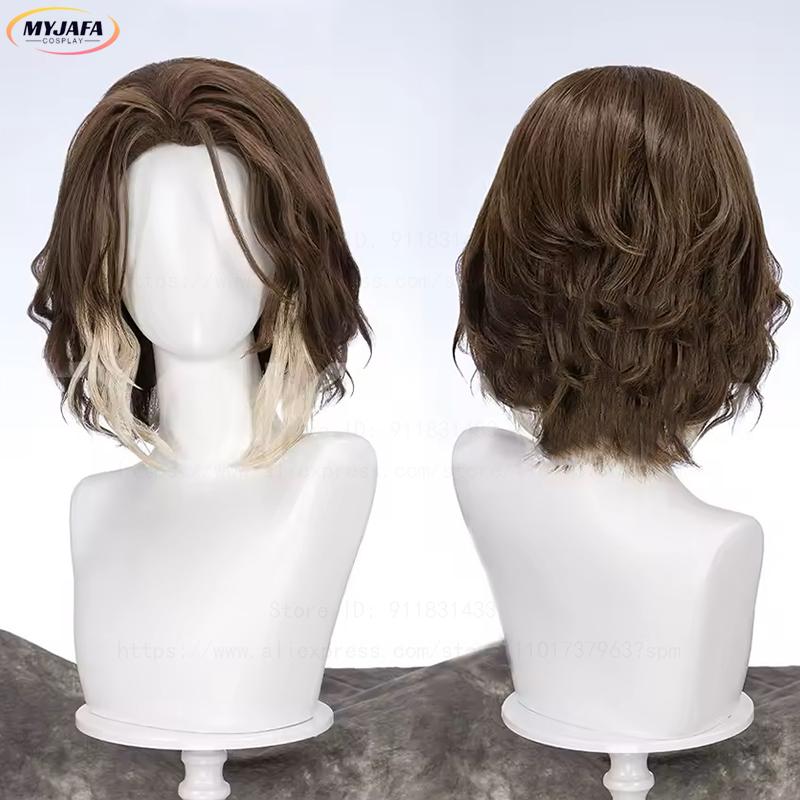 Косплей парик Виктора из Аркейн, Машинный Вестник Виктор, Короткие, Коричневые с белым, Термостойкие, Синтетические волосы, Аниме парики, Длинная версия