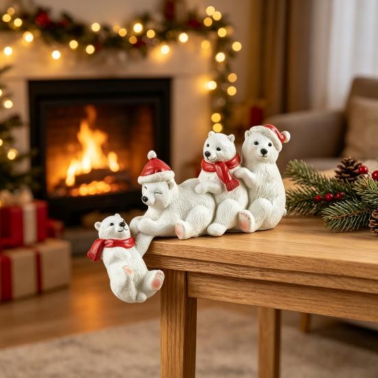 Hand Painted Resin Crafts Polar Bear Ornament, White Hanging Figurine with Hat And Scarf for Decorative Shelf Sitters Christmas Holiday Decoration,