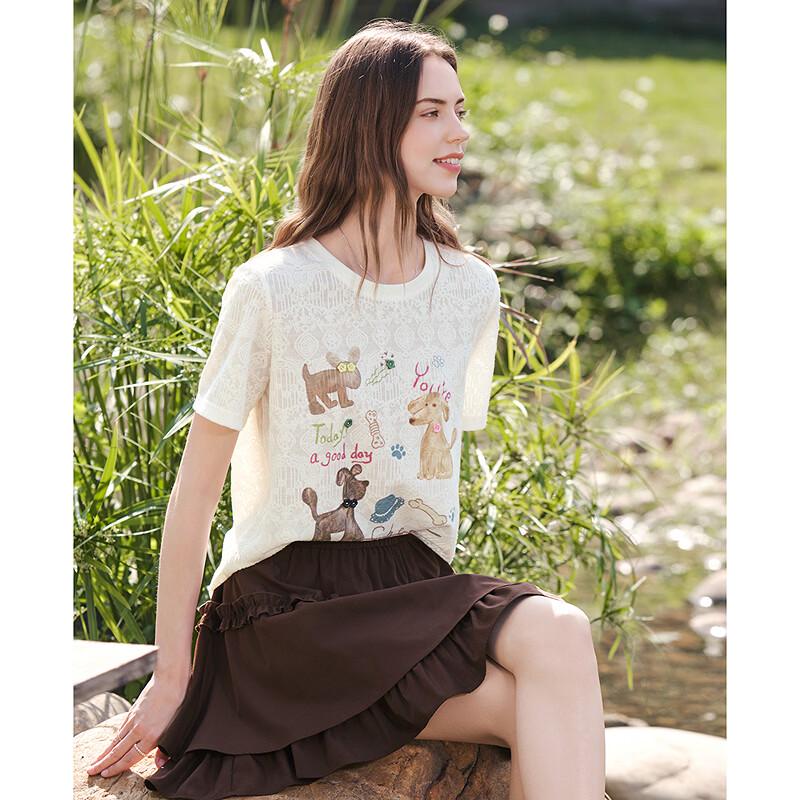 Betu Women's Lace Round Neck Print Short Sleeve T-Shirt