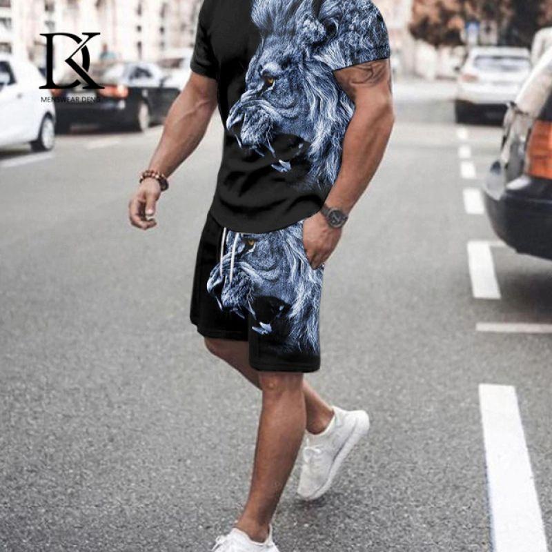 Летний мужской комплект футболок, черно-белый сетчатый 3D-принт, одежда большого размера, трендовый мужской спортивный костюм, футболка для фитнеса, шорты, комплект одежды