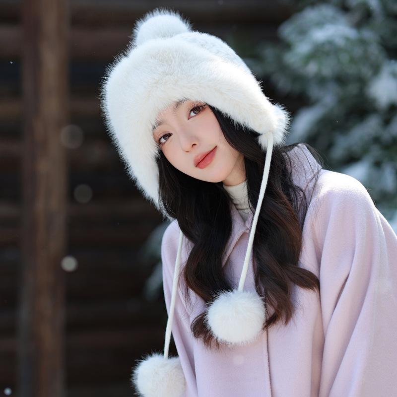 Шапка женская флисовая с кроличьей шерстью, вязаная шерстяная шапка, зимняя утолщенная теплая шапка Lei Feng, велосипедная шапка-ушанка