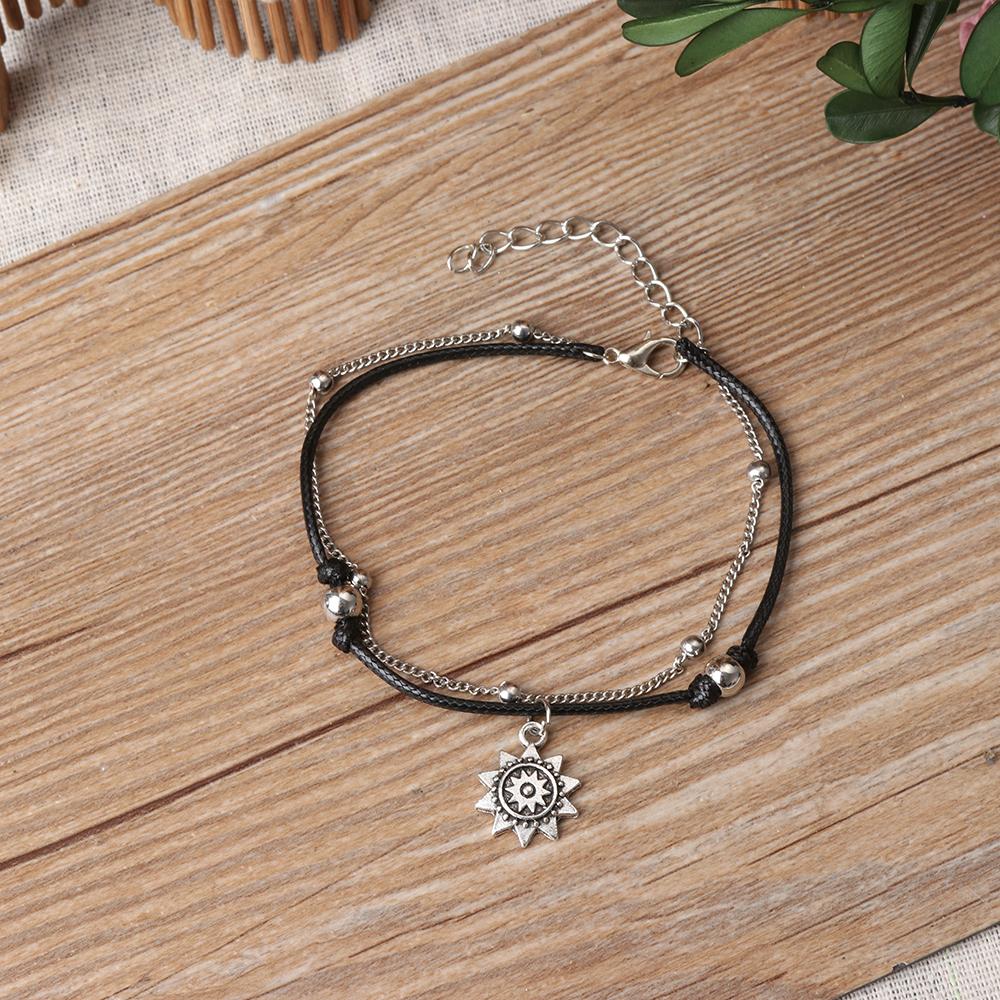Vintage Fashion Leather Multi Layer Women Anklets Sun Pendant Beads Charm Foot Chain