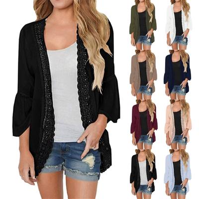 Женский повседневный однотонный кружевной шифоновый кардиган с длинным рукавом, свободная блузка-кимоно, топы