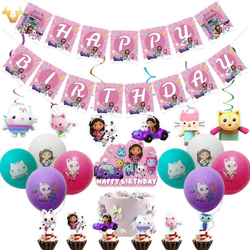 «Розовый набор для вечеринки в кукольном домике Гэбби»: Чашки, тарелки, салфетки, баннеры, скатерти и воздушные шары"