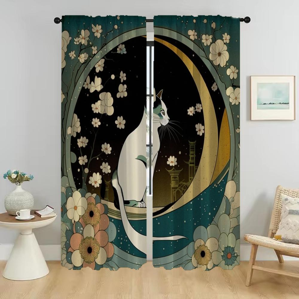 Window Curtain for Room 2 Panel Magic Cat Home Interior Curtains Tulle for Bedroom Halloween Decoration Shades Partition Living
