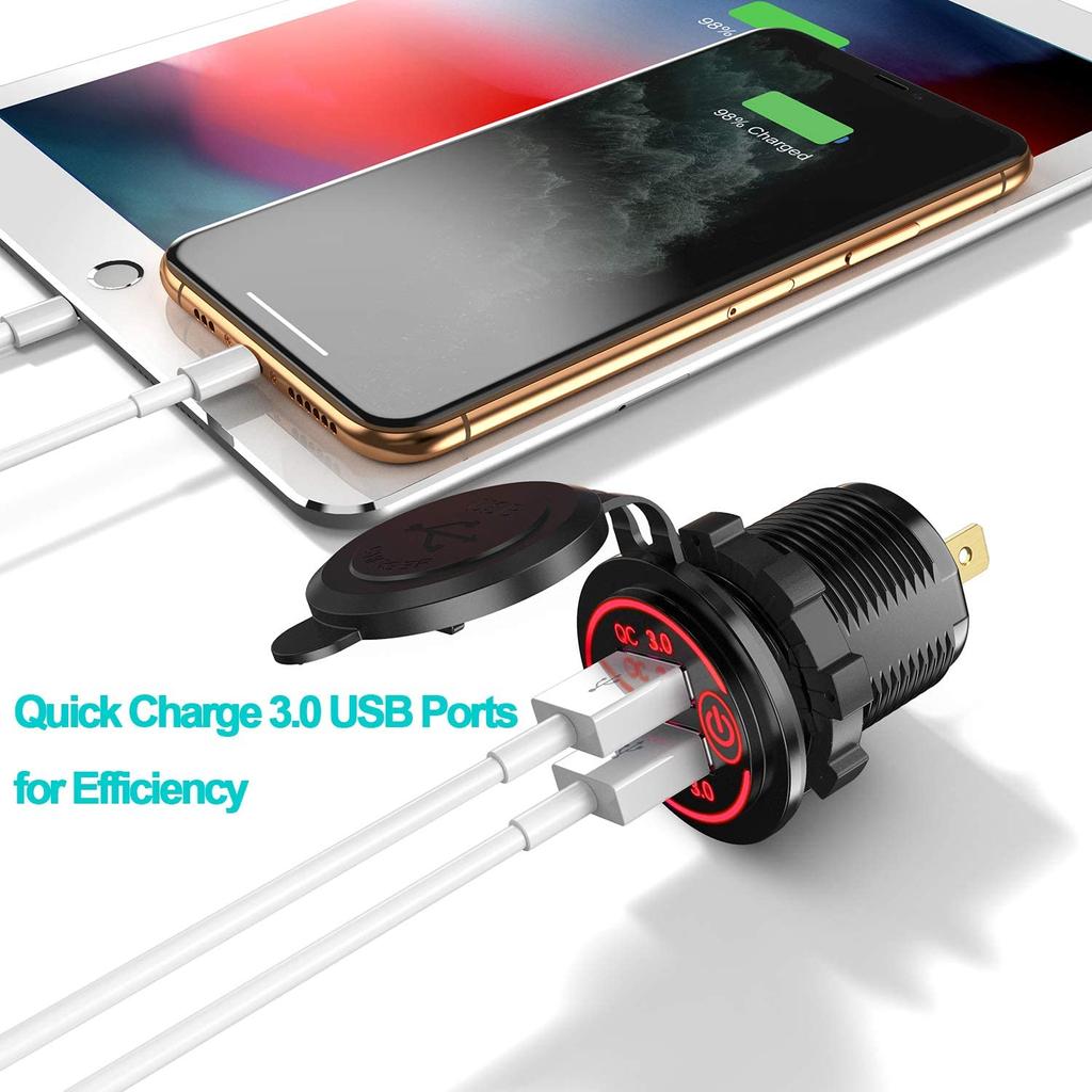 Быстрая зарядка 3.0, двойное зарядное устройство USB, водонепроницаемая розетка USB 12 В/24 В, двойное зарядное гнездо с сенсорным переключателем, набор «сделай сам» для автомобиля, гольф-кара, лодки и многого другого
