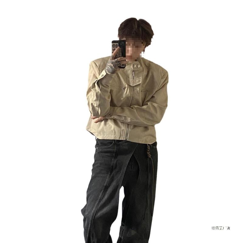 Mens Vintage Brown PU Leather Biker Jacket Short Cut Stand Collar Padded Shoulder Casual Outerwear