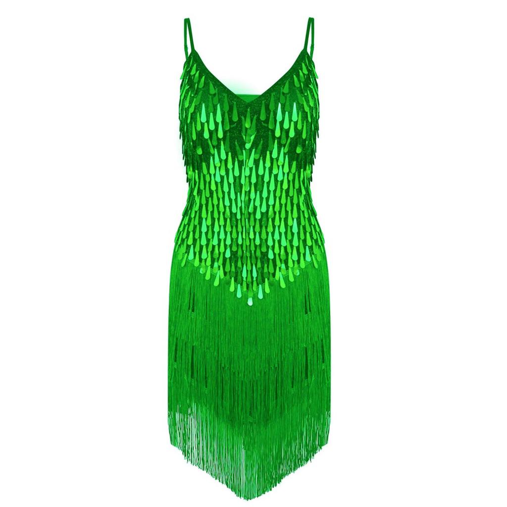 Women Sleeveless Sparkling Sequins Fringe Ballroom Samba Tango Latin Dance Dress Stage Performance Costumes