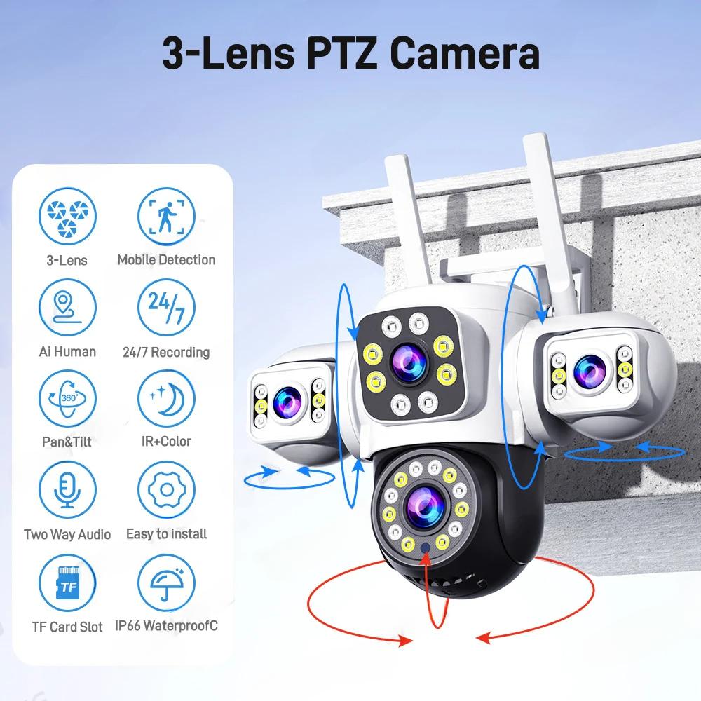 6K 12MP WiFi камера наружная камера безопасности три экрана три объектива PTZ 360° охранная система видеонаблюдения камера Yoosee
