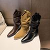 Autumn and Winter New Retro Pointed Head Thick Heel Western Cowboy Boots Medium Tube Thin Boots Knight Boots Pleated Pile Boots Women