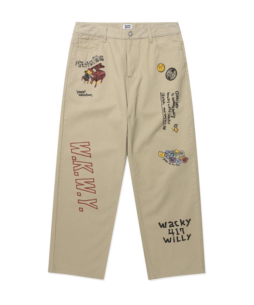 WACKY WILLY Straight Graphic Denim Pants Beige