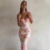 Women Sexy Sling Dress Suspender Style Sleeveless Long Dress Flower Print Backless Hip Wrapped Party Dress