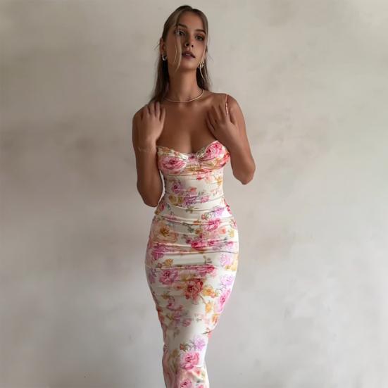 Women Sexy Sling Dress Suspender Style Sleeveless Long Dress Flower Print Backless Hip Wrapped Party Dress