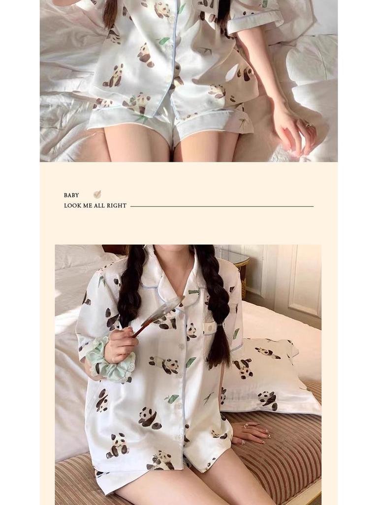 Summer Ice Silk Pajama Set: Cartoon Little Panda Short Sleeve & Shorts for Women