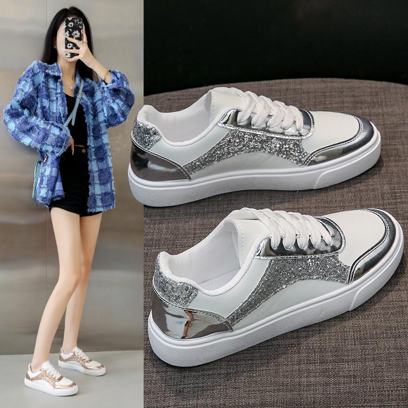 Women Sequin Casual Walking Shoes Autumn Flat Lace Up High Quality Sneakers Fashion Flat-Bottomed Female Sneakers D385