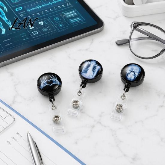 ID Card Holder Radiology Badge Reel, Retractable Skeleton with Clip, Chest Medical Student Skull Bones Patterns Name for Nurse Doctor Cards Clip