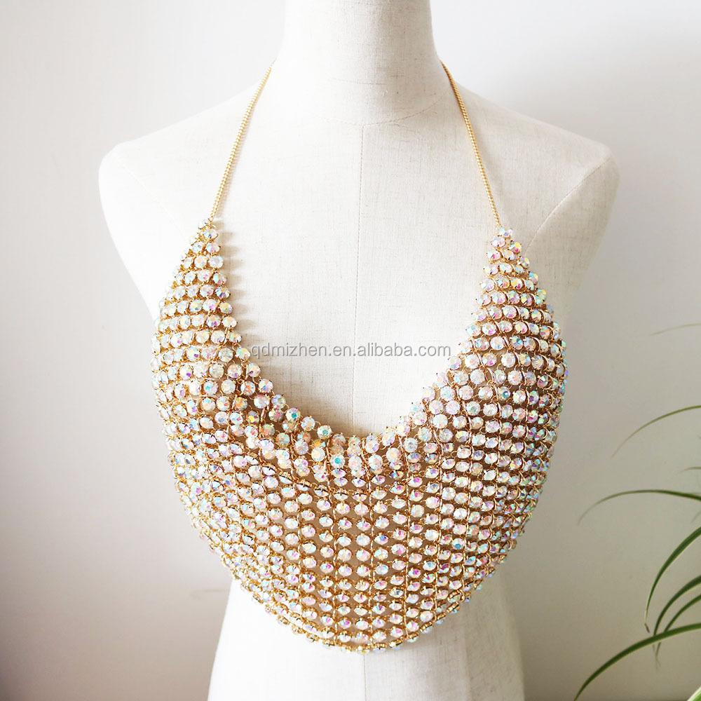 Latest Design Gold Color Body Chain Jewelry Sexy Big Rhinestone Women Body Chain Bra