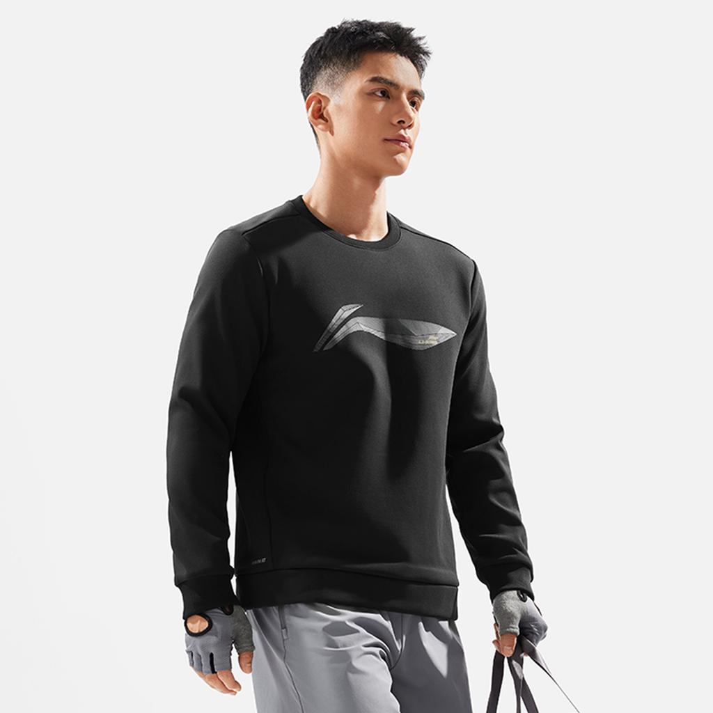 Li Ning Fitness Series Sports Fashion Letter Round Neck Loose Comfortable Warm Fleece Long Sleeve Sweatshirt Men Sweatshirt Black AWDU567-1